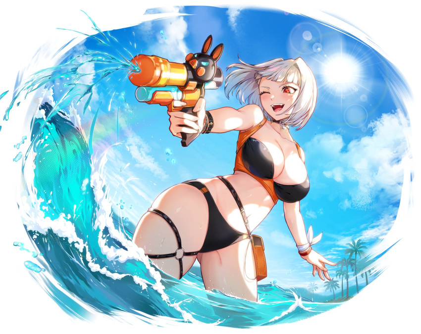 1girl asdf_(rokiru08) ass_visible_through_thighs belt_pouch bikini black_bikini black_choker blue_sky blunt_bangs breasts choker cleavage cloud commentary_request day hair_intakes highres holding holding_water_gun korean_commentary large_breasts lens_flare library_of_ruina multicolored_bikini multicolored_clothes myo_(project_moon) o-ring o-ring_thigh_strap one_eye_closed open_mouth orange_bikini orange_wristband outdoors palm_tree pendant_choker pouch project_moon rainbow red_eyes short_hair sky solo sun sunlight swimsuit teeth thigh_strap thighs tongue tree upper_teeth_only wading water water_gun white_hair wristband