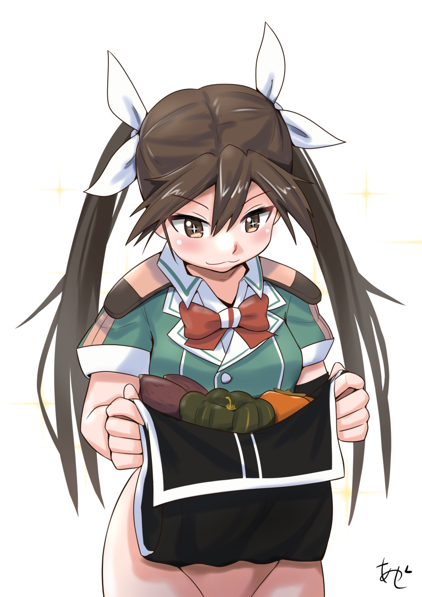akashieru bow bowtie brown_hair clothes_lift cowboy_shot food green_shirt hair_between_eyes hair_ribbon highres kantai_collection long_hair looking_down military_uniform no_panties one-hour_drawing_challenge out-of-frame_censoring pelvic_curtain pelvic_curtain_lift red_bow red_bowtie ribbon shirt simple_background tone_(kancolle) twintails uniform vegetable white_background