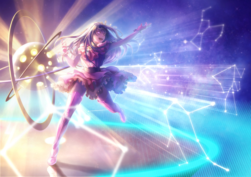 1girl :d arm_up boots brooch commentary_request constellation constellation_request dress floating_hair frilled_dress frilled_gloves frills full_body gloves hair_ornament hair_ribbon heart heart_brooch highres hoshino_ai_(oshi_no_ko) idol idol_clothes jewelry jhon_(potemknh_jhon) long_hair one_side_up open_mouth oshi_no_ko partial_commentary pink_dress pink_footwear pink_gloves purple_eyes purple_hair rabbit_hair_ornament reflection reflective_floor ribbon sidelocks sky sleeveless sleeveless_dress smile solo standing star-shaped_pupils star_(sky) star_(symbol) starry_sky symbol-shaped_pupils teeth thigh_boots turtleneck_dress