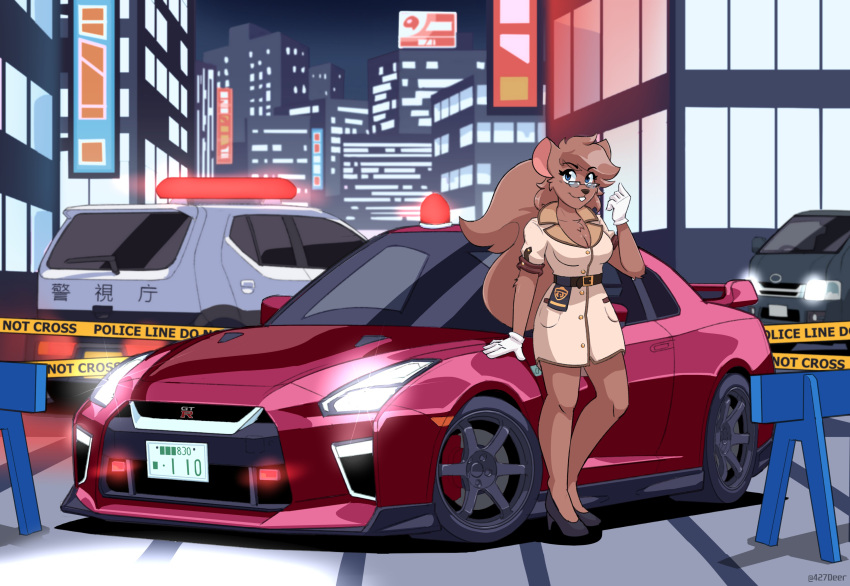 1girl absurdres animal_ears animal_nose black_footwear blue_eyes body_fur breasts brown_fur brown_hair brown_jacket buck_teeth car cleavage clenched_hand english_commentary furry furry_female glasses gloves high_heels highres jacket license_plate medium_breasts motor_vehicle nissan nissan_gt-r original police_badge police_car short_hair smile solo spoiler_(automobile) squirrel_ears squirrel_tail tail teeth truck vee_(427deer) vehicle_focus white_gloves