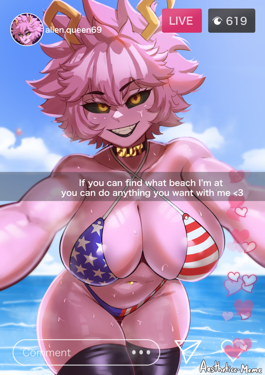 1girl absurdres aestheticc-meme american_flag_bikini ashido_mina beach bikini black_choker black_lips black_sclera black_thighhighs blue_sky boku_no_hero_academia breasts choker cloud colored_sclera colored_skin day english_text fake_phone_screenshot fake_screenshot fangs flag_print grin heart highres large_breasts livestream looking_at_viewer navel_piercing ocean outdoors piercing pink_skin short_hair sky smile solo swimsuit teeth thighhighs wet yellow_eyes