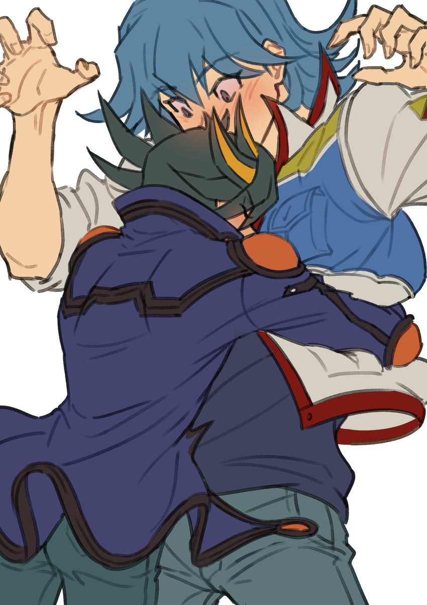 2boys absurdres black_hair blue_hair blue_jacket blue_shirt blush bruno_(yu-gi-oh!) closed_eyes couple denim elbow_pads fudou_yuusei grey_eyes hands_up high_collar highres hug jacket jeans male_focus multicolored_hair multiple_boys pants shirt short_hair shoulder_pads simple_background sleeves_rolled_up spiked_hair streaked_hair surprised white_background yaoi youko-shima yu-gi-oh! yu-gi-oh!_5d's