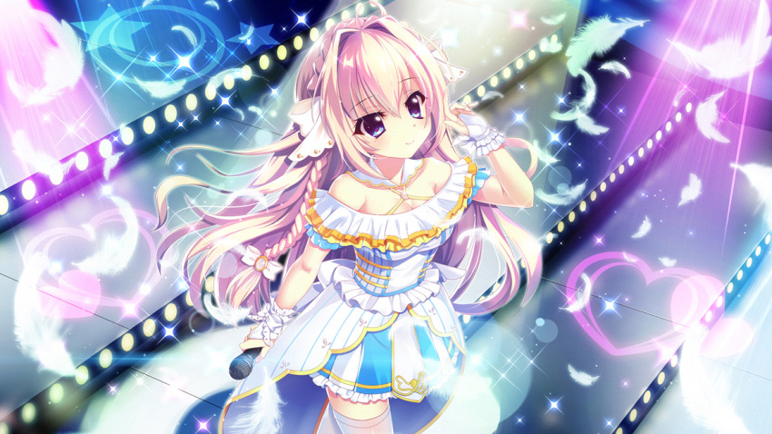 1girl ahoge bare_shoulders blonde_hair blue_eyes blue_skirt bow breasts cleavage colored_lights concert dot_nose dress feathers film_grain frilled_dress frills game_cg hair_bow hair_intakes hand_in_own_hair heart holding holding_microphone idol idol_clothes izumi_tsubasu long_hair microphone mole mole_under_eye multicolored_clothes multicolored_skirt non-web_source official_art re:stage! shiratori_amaha_(re:stage!) skirt smile solo sparkle stage stage_lights stairs star_(symbol) thighhighs very_long_hair white_bow white_dress white_feathers white_skirt white_thighhighs zettai_ryouiki