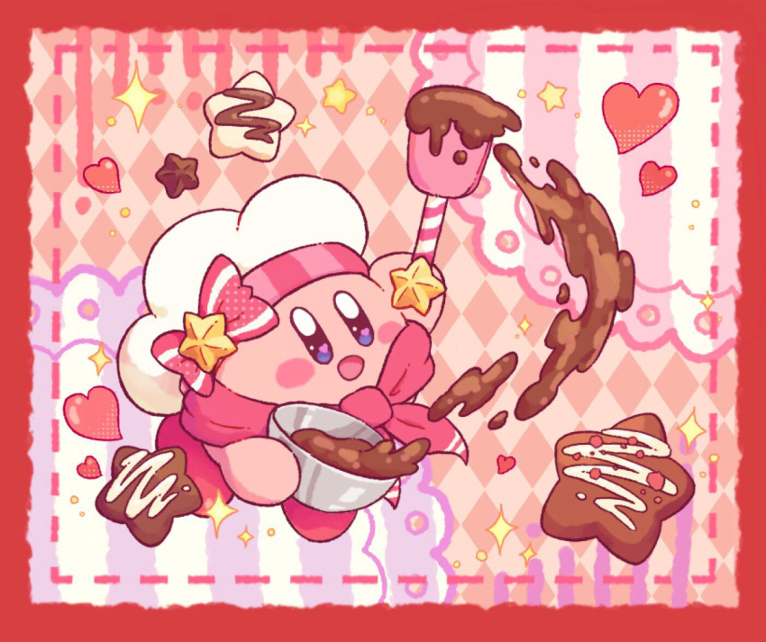 :d argyle argyle_background arm_up blue_eyes blush blush_stickers border bow bowl candy chef_hat chocolate commentary_request food harukui hat hat_bow heart heart_in_eye holding holding_bowl holding_spatula kirby kirby_(series) mixing_bowl neckerchief no_humans open_mouth pink_background pink_bow pink_neckerchief red_background simple_background smile solo sparkle spatula star_(symbol) symbol_in_eye valentine white_headwear