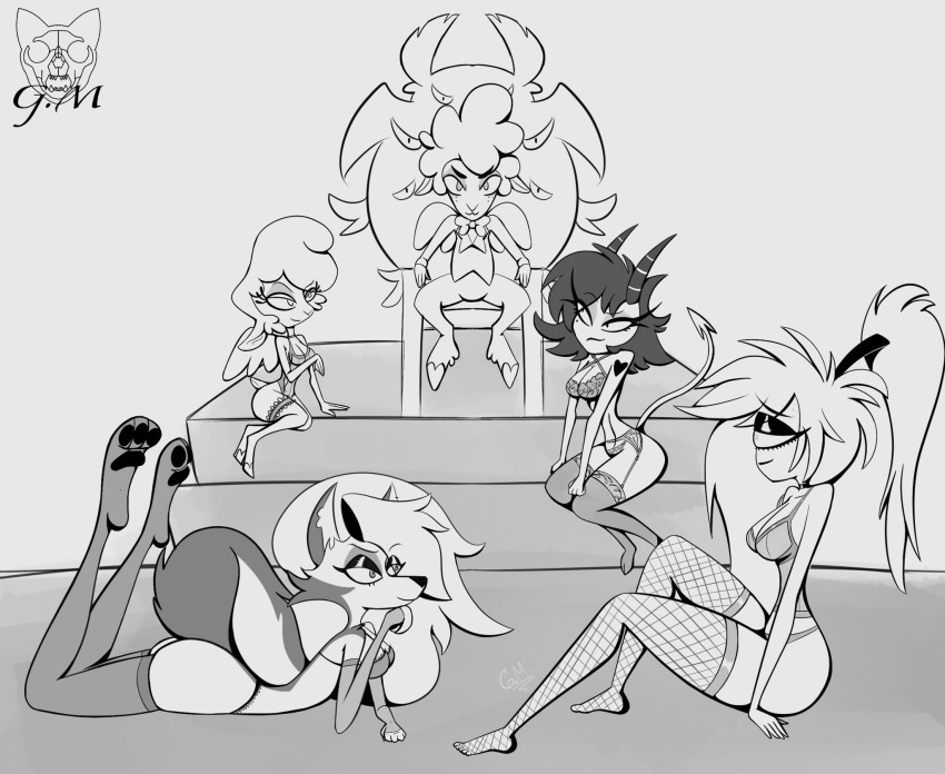 1_eye 2023 angel anthro big_butt black_hair bovid breasts butt canid canid_demon caprine cherri_bomb_(hazbin_hotel) cherub clothed clothing collin_(helluva_boss) cyclops demon demon_humanoid female fluffy fluffy_tail fur gatojack3 group hair harem hazbin_hotel hellhound helluva_boss hi_res horn humanoid imp interspecies keenie_(helluva_boss) loona_(helluva_boss) male male/female mammal millie_(helluva_boss) monochrome partially_clothed sheep tail thick_thighs wings