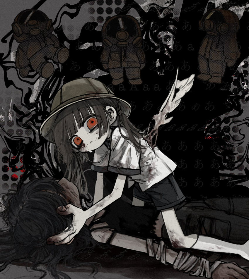 2girls 3others abstract_background arm_support bandaged_arm bandages black_hair black_pants black_shirt black_shorts blood blood_on_clothes blood_on_face blunt_bangs brown_hair chibi closed_mouth death halftone hat highres holding_another's_head injury kneeling long_hair looking_at_viewer loose_bandages lying multiple_girls multiple_others on_back orange_eyes original oshio_(shioqqq) pants school_hat shirt short_sleeves shorts sidelocks straddling tears white_shirt wings wings_through_clothes yellow_headwear