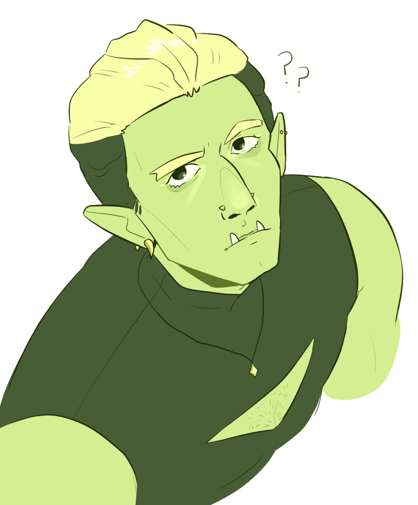 blonde_hair cleavage_cutout clothed clothing drawfee_(copyright) drawtectives ear_piercing facial_piercing green_body green_skin gyorik_rogdul hair hi_res humanoid humanoid_pointy_ears jewelry male necklace nose_piercing orc piercing shirt solo topwear underbite zestoflemon