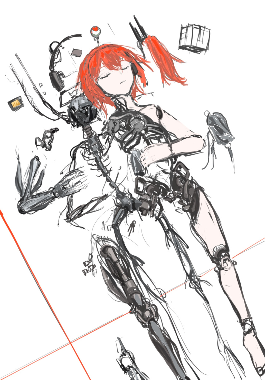 1girl a.i._voice adachi_rei android closed_eyes closed_mouth completely_nude cpu disassembly dutch_angle eyeball from_above full_body hand_on_own_stomach headphones headphones_removed highres joints lying mechanical_parts nude on_back orange_hair radio_antenna red_eyes ribs robot_girl robot_joints rutsubo_(lu2vooo) severed_hair skeleton sketch solo spine utau white_background