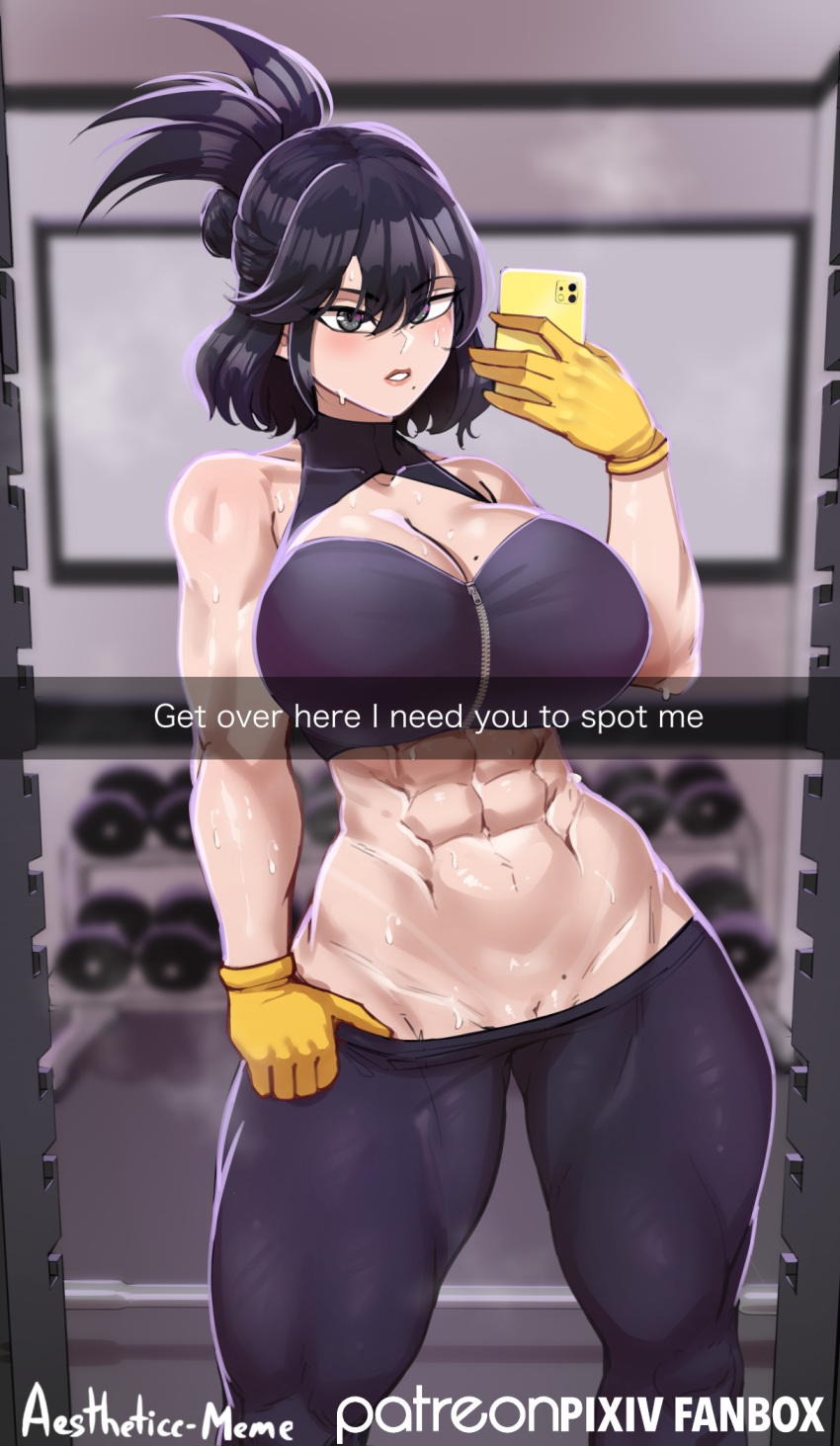 1girl abs aestheticc-meme black_hair blush boku_no_hero_academia breasts cellphone cleavage cowboy_shot english_text flashing gloves grey_eyes gym highres holding holding_phone large_breasts leggings looking_at_viewer mole mole_on_breast mole_under_eye muscular muscular_female phone pussy pussy_peek selfie shimura_nana smartphone snapchat solo standing sweat weights yellow_gloves zipper
