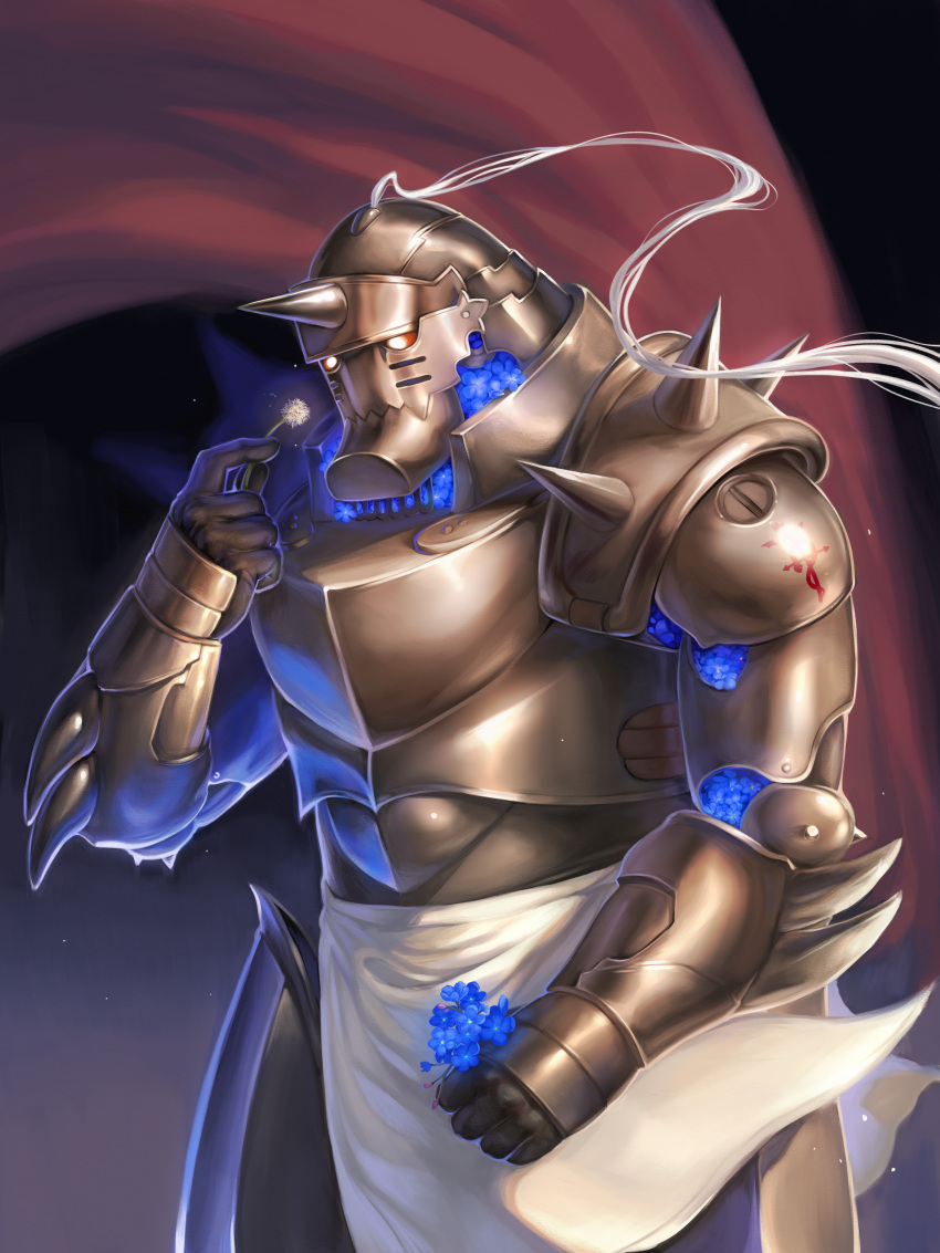 1boy absurdres alphonse_elric armor blue_flower bouquet bud commentary crab-milk dandelion_seed dark_background elbow_spikes english_commentary flamel_symbol flower forget-me-not_(flower) full_armor fullmetal_alchemist gauntlets glowing glowing_flower gradient_background hand_up helmet highres holding holding_bouquet light_particles loincloth looking_at_flowers looking_down male_focus red_background red_eyes shoulder_spikes sidelighting simple_background spiked_helmet spikes tassel two-tone_background white_loincloth white_tassel