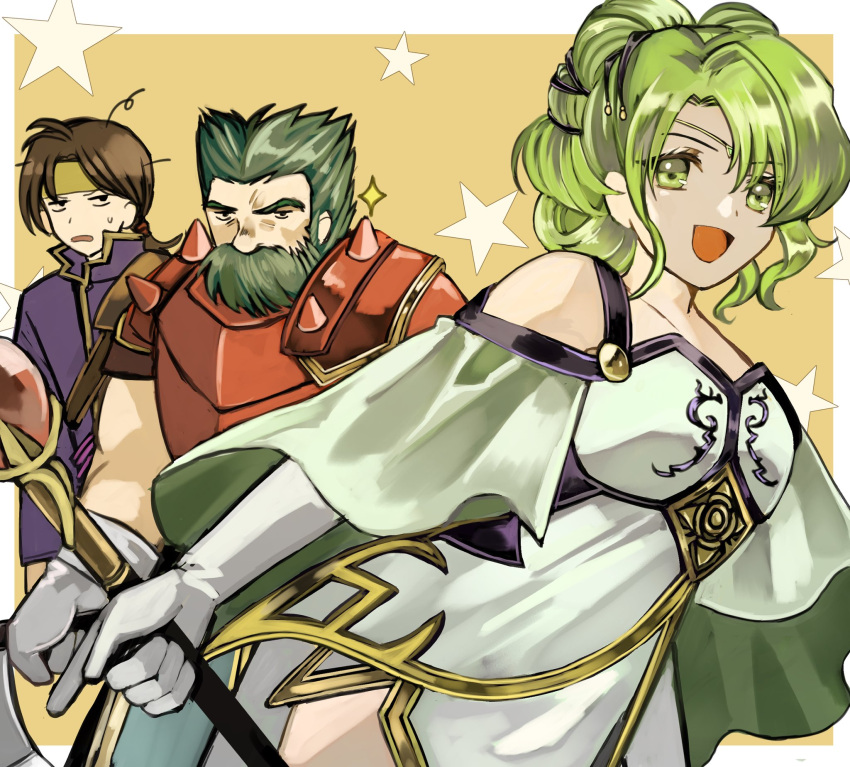 1girl 2boys annoyed armor axe black_eyes border breasts brown_hair capelet clothing_cutout collarbone dozla_(fire_emblem) dress facial_hair fire_emblem fire_emblem:_the_sacred_stones frown gloves green_eyes green_hair grey_gloves grey_hair hair_behind_ear headband highres holding holding_axe holding_staff jacket l'arachel_(fire_emblem) looking_at_viewer low_ponytail multiple_boys mustache omlililimo open_mouth orange_background outside_border pointing purple_jacket rennac_(fire_emblem) shoulder_cutout small_breasts smile sparkle staff star_(symbol) sweatdrop white_border white_capelet white_dress white_gloves yellow_headband