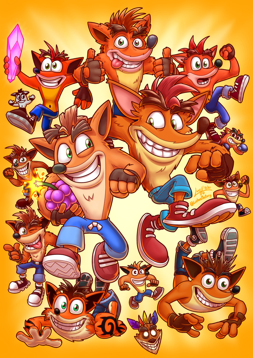 absurdres artist_name brown_gloves clenched_hand crash_bandicoot crash_bandicoot_(series) crystal fingerless_gloves gloves green_eyes grin highres luchosfactory multiple_persona one_eye_closed red_footwear shoes shorts signature smile teeth thumbs_up tongue tongue_out watermark