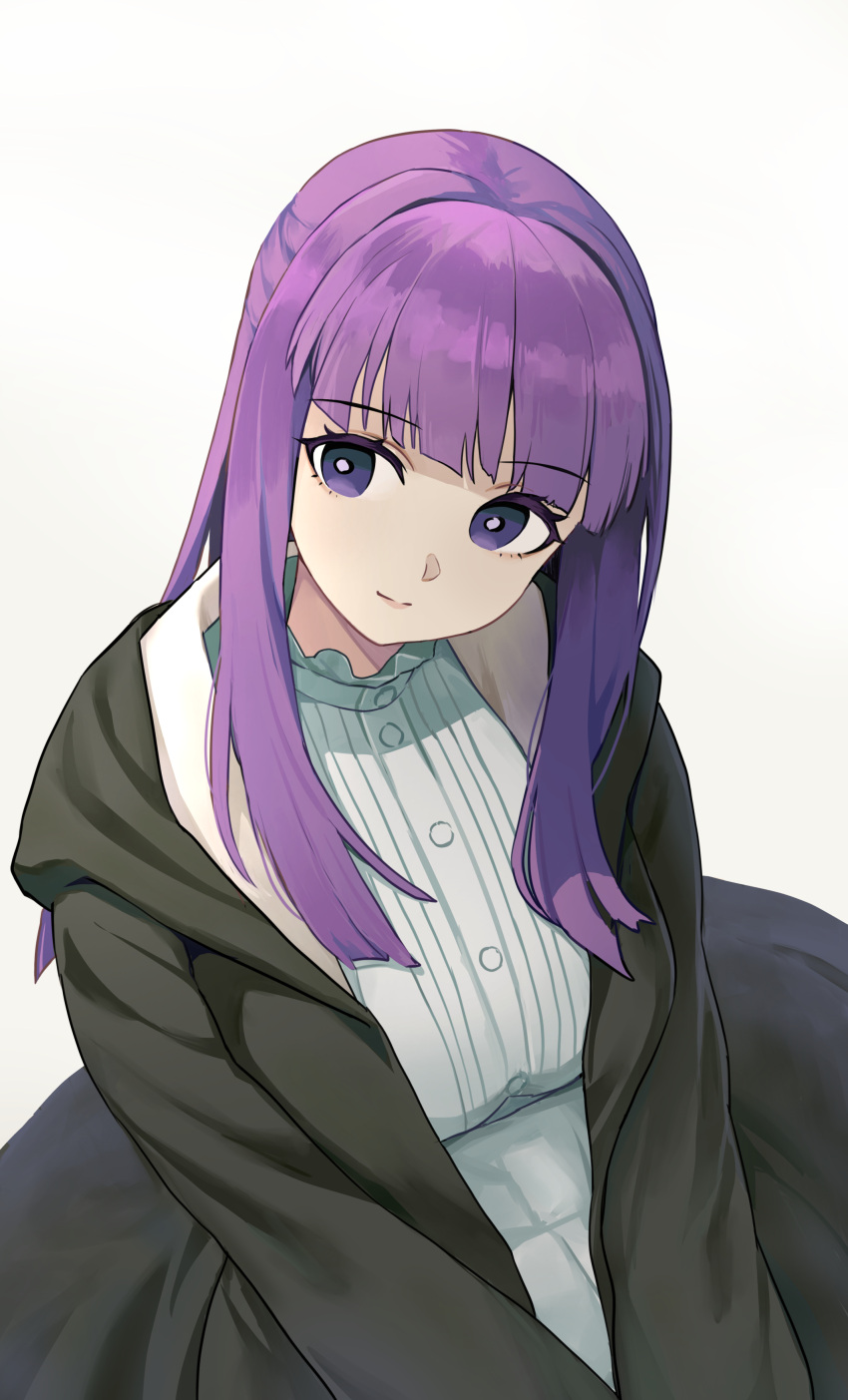 1girl absurdres black_coat blunt_bangs breasts closed_mouth coat dress fern_(sousou_no_frieren) gradient_background grey_background highres kirarin369 looking_at_viewer medium_breasts purple_eyes purple_hair solo sousou_no_frieren white_dress