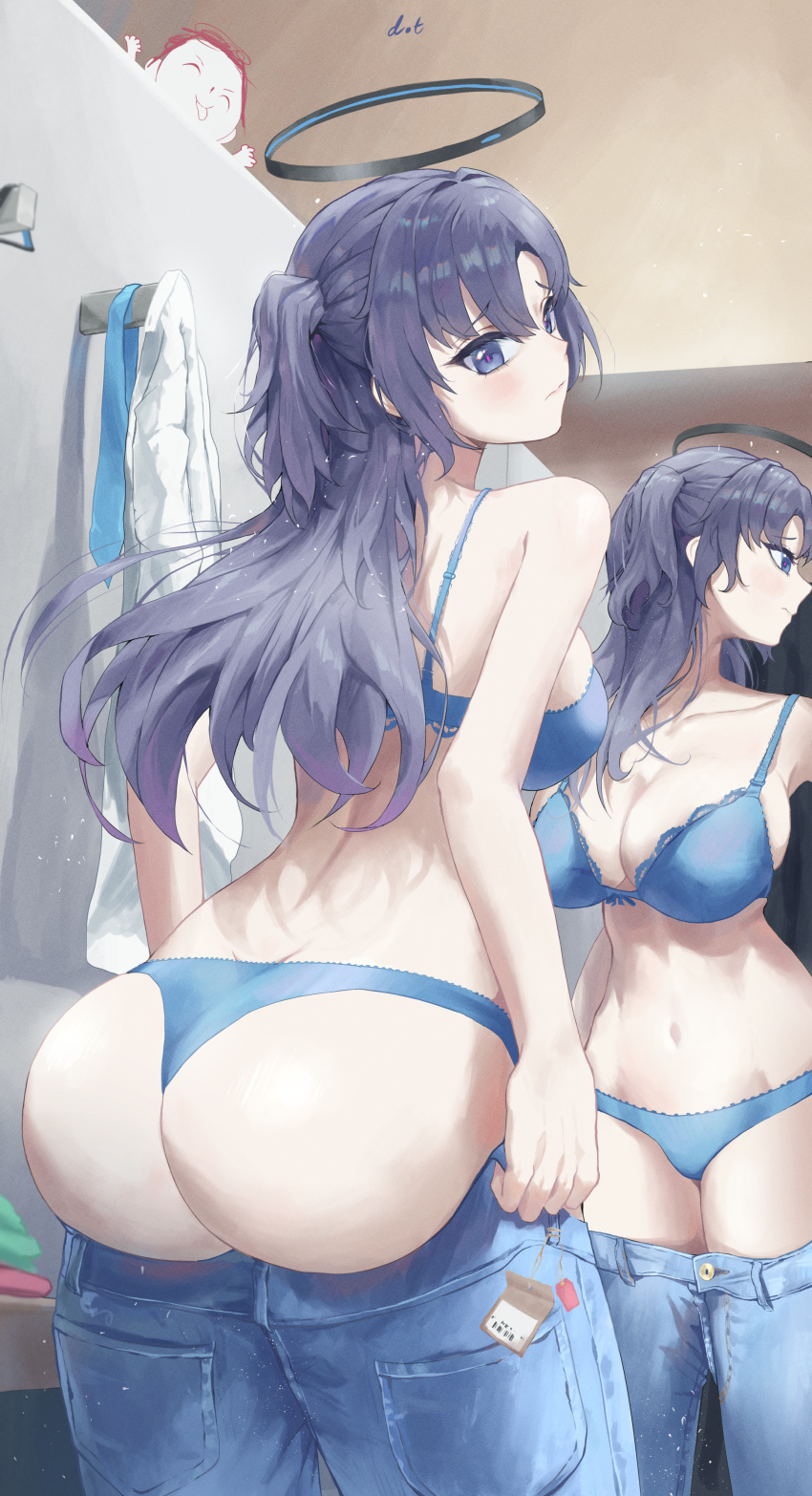 1girl absurdres arona's_sensei_doodle_(blue_archive) ass blue_archive blue_bra blue_eyes blue_hair blue_panties blue_pants blush bra breasts closed_mouth collarbone denim dotthebot from_behind halo highres jeans large_breasts legs looking_back mirror navel panties pants sensei_(blue_archive) shirt shirt_removed signature stomach thighs two_side_up underwear white_shirt yuuka_(blue_archive)