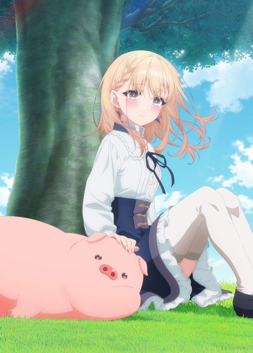 1girl absurdres black_ribbon blonde_hair blue_skirt breasts brown_eyes buta_no_liver_wa_kanetsu_shiro collar earrings headpat highres jess_(buta_no_liver_wa_kanetsu_shiro) jewelry key_visual long_skirt long_sleeves official_art on_grass pig pig_(buta_no_liver_wa_kanetsu_shiro) promotional_art ribbon shirt sitting skirt small_breasts smile textless_version thighhighs tree white_shirt white_thighhighs