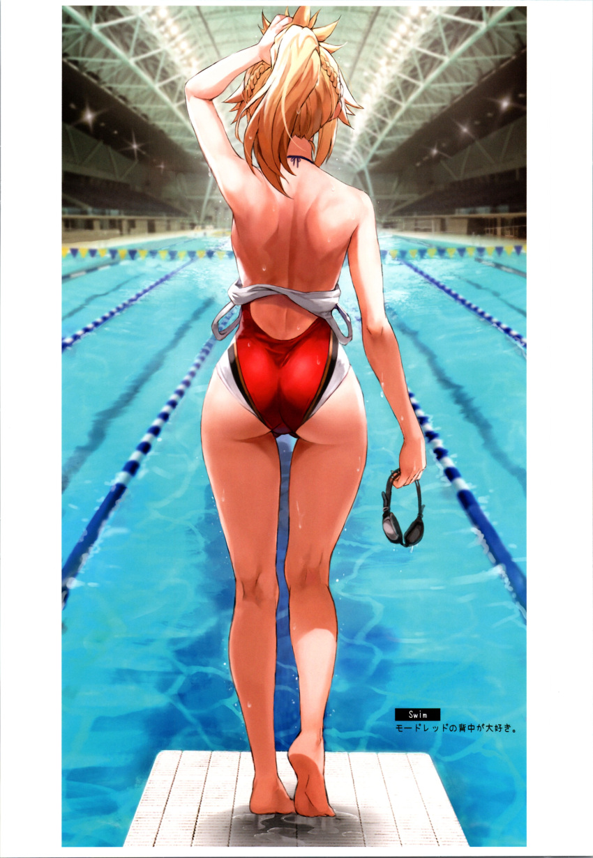 1girl absurdres arm_up ass bare_shoulders barefoot blonde_hair blurry blurry_background braid fate/apocrypha fate/grand_order fate_(series) from_behind full_body goggles goggles_removed highleg highleg_swimsuit highres holding indoors long_hair mordred_(fate) mordred_(fate/apocrypha) ponytail pool scan simple_background solo standing swimsuit thighs tonee water water_drop wet