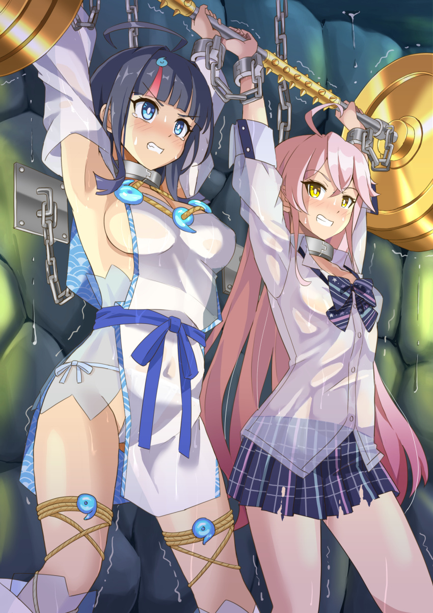 2girls ahoge arms_up barbell bare_shoulders black_hair blue_eyes blue_ribbon blue_skirt blush bow bowtie breasts chain cleavage clenched_teeth collar collared_shirt cuffs detached_leggings dress fate/grand_order fate/requiem fate_(series) fundoshi highres japanese_clothes jewelry karin_(fate) large_breasts leggings long_hair long_sleeves magatama magatama_hair_ornament magatama_necklace medium_breasts medium_hair metal_collar multicolored_hair multiple_girls necklace pelvic_curtain pink_hair puffy_long_sleeves puffy_sleeves restrained ribbon seigaiha shackles shirt short_dress sideboob sideless_outfit sidelocks skirt streaked_hair tearing_up teeth thighs utsumi_erice white_dress white_leggings white_shirt xiafuizui yellow_eyes