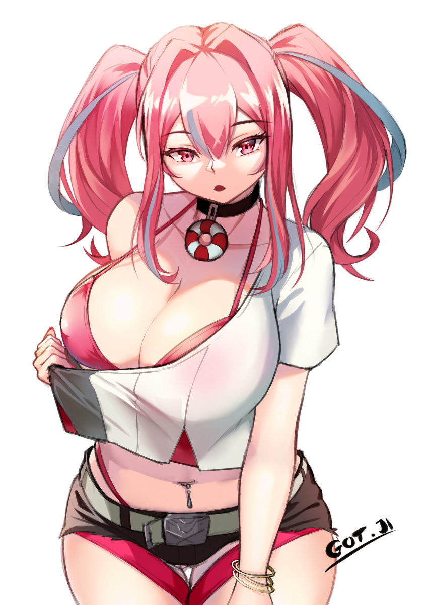 1girl absurdres artist_name azur_lane belt bikini bikini_under_clothes black_choker black_footwear blue_hair bracelet breasts bremerton_(azur_lane) choker cleavage clothes_pull collarbone covered_nipples cowboy_shot crop_top crop_top_overhang got_ji_(gojich1) grey_shirt hair_between_eyes hair_intakes hand_on_own_thigh highres jewelry large_breasts lifebuoy_ornament long_hair looking_at_viewer micro_shorts multicolored_hair navel navel_piercing open_mouth piercing pulled_by_self red_bikini red_eyes red_hair shirt shirt_pull short_sleeves shorts simple_background single_bare_shoulder solo stomach strap_gap streaked_hair swimsuit twintails two-tone_hair two-tone_shirt white_background white_belt white_shirt