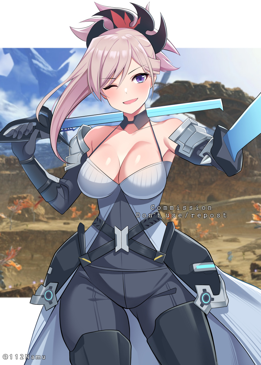 1girl ;d absurdres bad_arm bangs bare_shoulders black_bodysuit black_footwear bodysuit boots breasts brown_hair cleavage collarbone commentary_request commission cosplay dual_wielding ethel_(xenoblade) ethel_(xenoblade)_(cosplay) fate/grand_order fate_(series) hair_between_eyes head_tilt highres holding holding_sword holding_weapon large_breasts long_hair looking_at_viewer miyamoto_musashi_(fate) namu_(112namu) one_eye_closed pixiv_commission purple_eyes smile solo sword thigh_boots watermark weapon xenoblade_chronicles_(series) xenoblade_chronicles_3