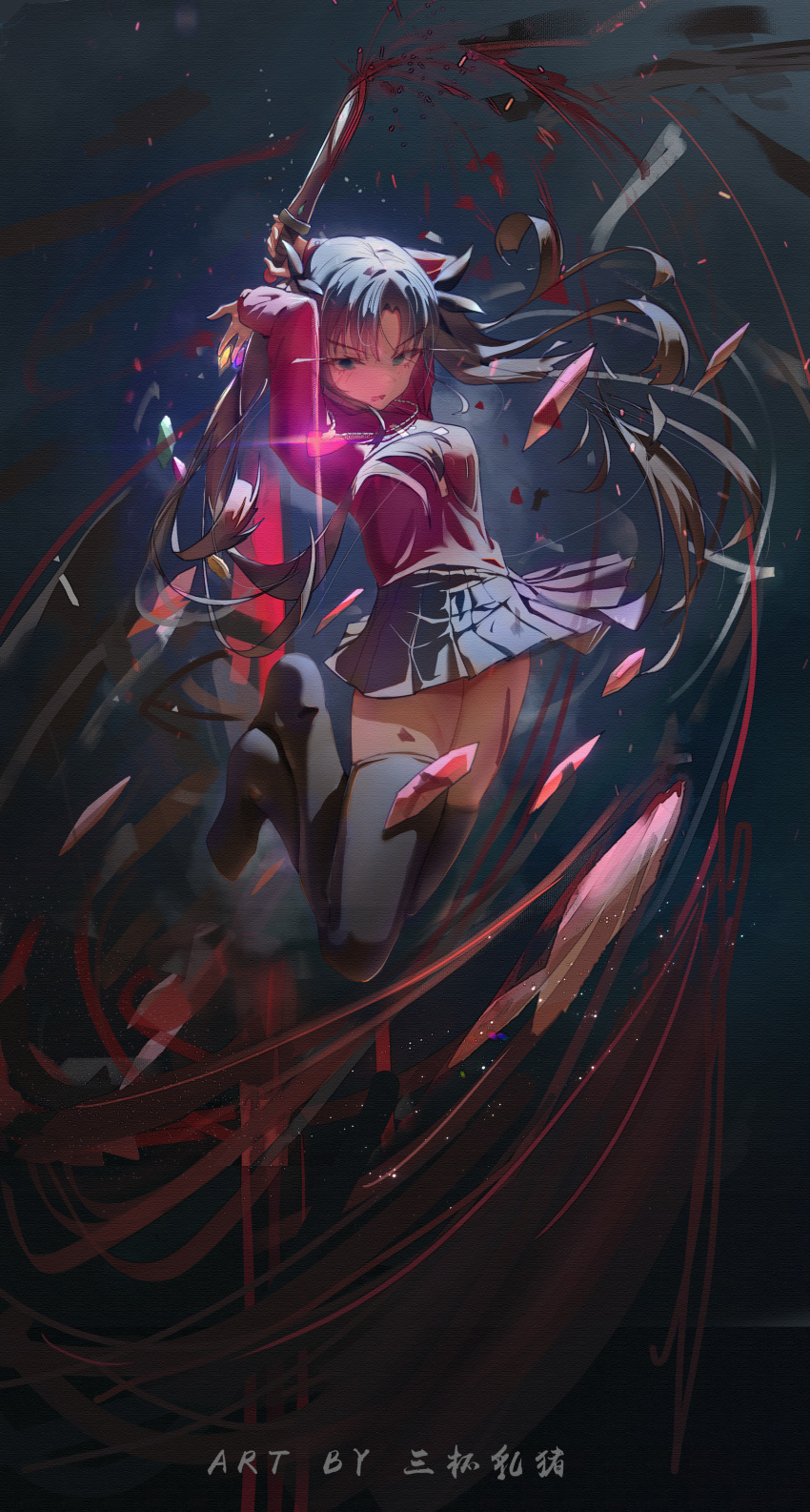 1girl absurdres artist_name between_fingers black_bow black_hair black_skirt black_thighhighs blood bow fate/stay_night fate_(series) gem hair_bow highres holding holding_weapon jewelry koi_hh long_hair long_sleeves miniskirt necklace open_mouth skirt thighhighs tohsaka_rin twintails weapon