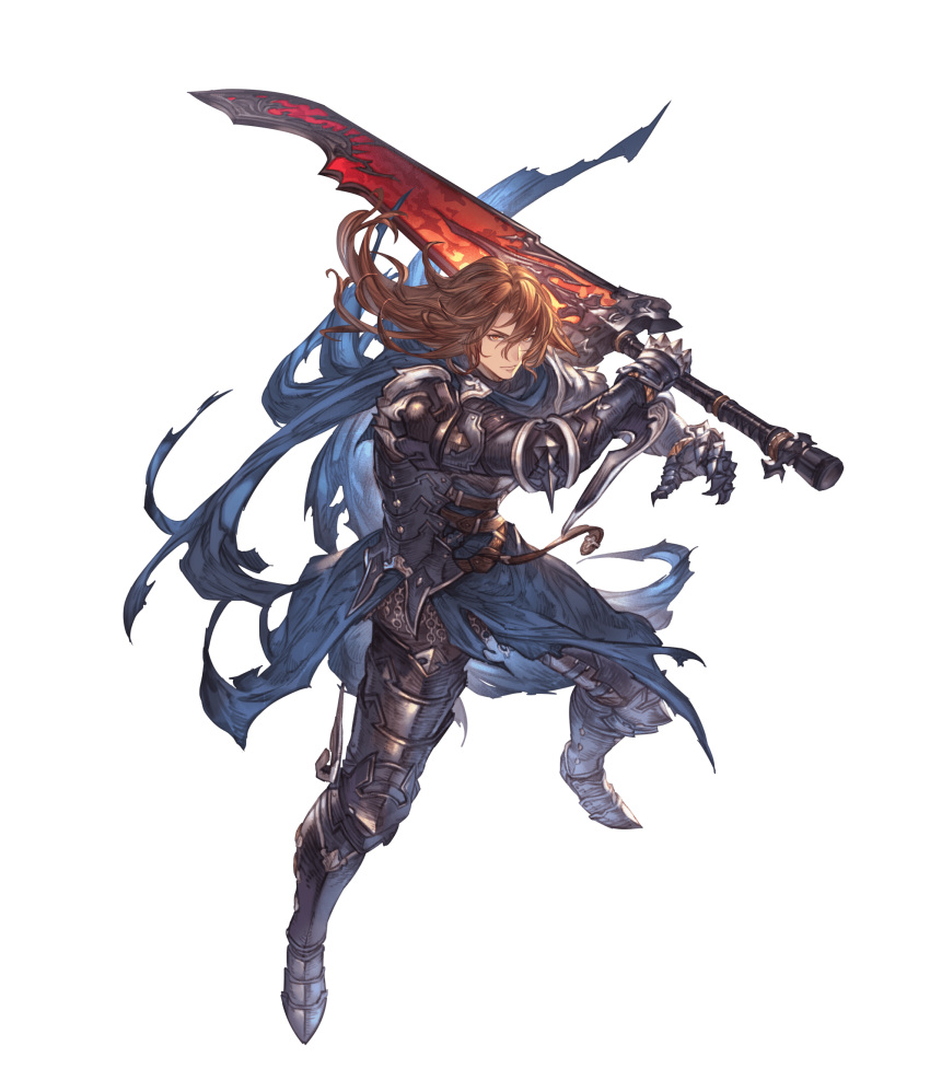 1boy armor blue_cape brown_hair cape fighting_stance full_body gauntlets granblue_fantasy granblue_fantasy_versus greatsword highres holding holding_sword holding_weapon long_hair looking_at_viewer male_focus official_art siegfried_(granblue_fantasy) solo sword tachi-e transparent_background weapon yellow_eyes