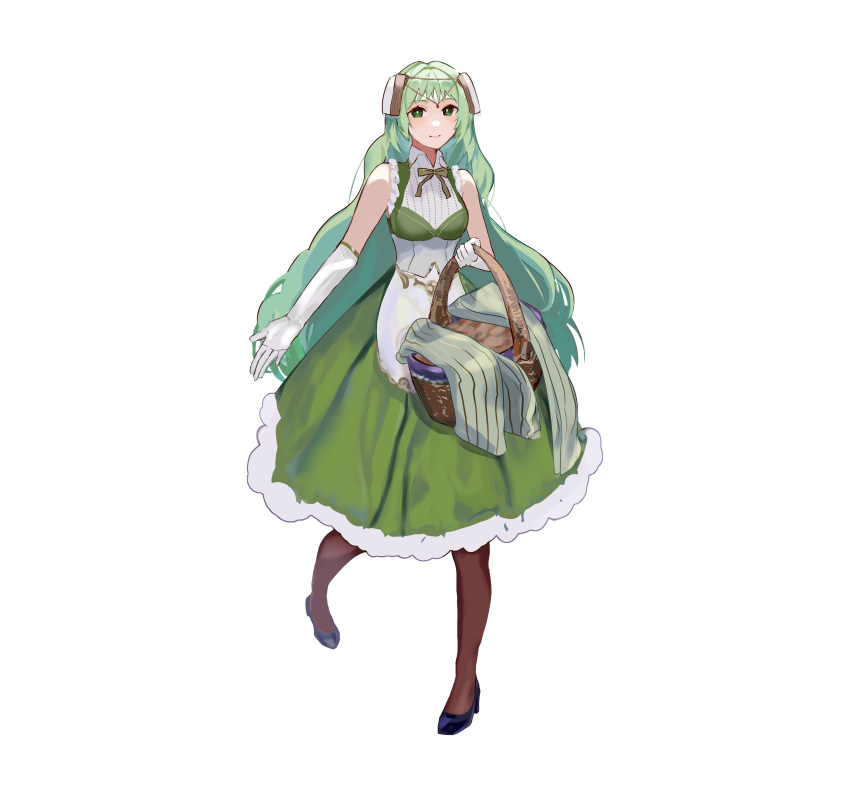 1girl absurdres bare_shoulders basket black_footwear breasts brown_leggings circlet corset detached_sleeves dress elbow_gloves fire_emblem fire_emblem_echoes:_shadows_of_valentia full_body fur-trimmed_dress fur-trimmed_skirt fur-trimmed_sleeves fur_trim gloves graffiti_uthn green_dress green_eyes green_hair hair_ornament highres holding holding_basket leggings long_hair looking_at_viewer medium_breasts picnic_basket simple_background skirt smile solo tatiana_(fire_emblem) white_background white_gloves