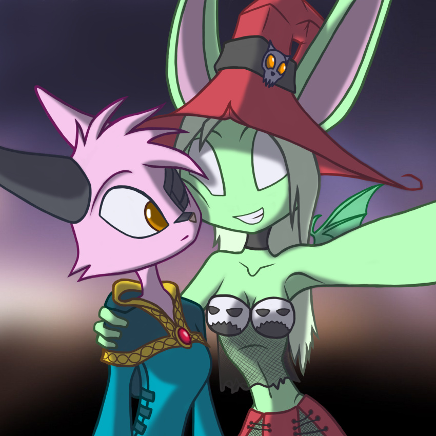 2023 anise_(dreamkeepers) anthro bat_wings breasts cleavage clothed clothing dikiyzver dreamkeepers duo female fishnet fishnet_clothing fishnet_topwear fur gradient_background green_body hat headgear headwear hi_res lagomorph leporid long_ears mammal membrane_(anatomy) membranous_wings midriff one_eye_closed pink_body pink_fur pink_nose rabbit selfie simple_background topwear viriathus_vayu wings witch_hat