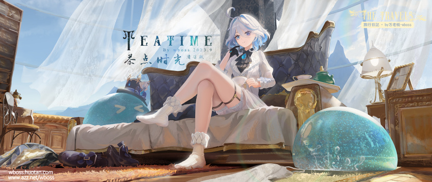 &gt;_&lt; 1girl ascot black_ascot blue_brooch blue_eyes blue_gemstone blue_hair blue_headwear chair couch cowlick crossed_legs curtains drop-shaped_pupils from_below furina_(genshin_impact) garter_straps gem genshin_impact gloves half_gloves hat highres lampshade light_blue_hair mismatched_pupils picture_frame rug shelf sitting slime_(genshin_impact) socks solo thigh_strap top_hat vision_(genshin_impact) wboss white_socks window