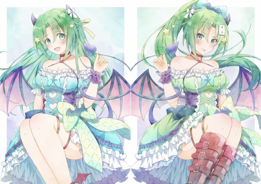 &gt;:) 2girls :p bat_wings black_horns black_tail blue_dress blush boots bow breasts card choker cleavage collarbone corset cross-laced_clothes cross-laced_corset demon demon_girl demon_horns demon_tail demon_wings dress frilled_dress frills green_dress green_eyes green_hair hair_bow hair_ornament hair_ribbon hairclip heart high_ponytail highres higurashi_no_naku_koro_ni horns invisible_chair large_breasts long_hair looking_at_viewer low_wings multiple_girls off-shoulder_dress off_shoulder official_alternate_costume open_mouth parted_bangs playing_card ponytail puffy_short_sleeves puffy_sleeves red_footwear ribbon short_sleeves siblings sisters sitting smile smug sonozaki_mion sonozaki_shion star_(symbol) star_hair_ornament sweet_miuk_tea symmetrical_pose tail tongue tongue_out too_many too_many_frills twins v-shaped_eyebrows wings wrist_cuffs