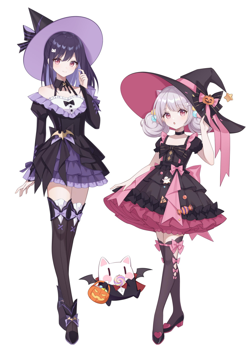 2girls :o absurdres adjusting_clothes adjusting_headwear animal_ears back_bow bare_shoulders bat_ornament bat_wings bcy black_bow black_choker black_dress black_footwear black_suit black_thighhighs bow bow_legwear bowtie candy cape cat_ears cat_hair_ornament choker closed_mouth collarbone crossed_legs detached_collar dress dress_bow flat_chest food food_in_mouth formal frilled_dress frills full_body grey_hair hair_ornament halloween halloween_costume hand_on_headwear hand_on_own_face hand_up hands_up hat hat_bow hat_ornament highres holding holding_food holding_pumpkin holding_vegetable huhu jack-o'-lantern_hat_ornament juliet_sleeves layered_dress layered_sleeves legwear_cutout lolita_fashion lollipop lollipop_hair_ornament long_sleeves looking_at_viewer looking_up low_twintails medium_hair miao_jiujiu mouth_hold multiple_girls off-shoulder_dress off_shoulder pink_bow pink_dress pink_shorts puffy_short_sleeves puffy_shorts puffy_sleeves pumpkin purple_bow purple_dress purple_hair red_bow red_bowtie red_cape red_eyes ruan_miemie short_dress short_sleeves shorts shorts_under_dress smile standing star_(symbol) star_hat_ornament suit swirl_lollipop thighhighs twintails two-tone_dress vegetable watson_cross white_background wings witch_hat yuejiu zettai_ryouiki