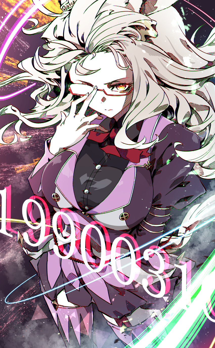 1girl absurdres animal_ears biwa_hayahide_(umamusume) black_shirt boots breasts commentary_request commission ear_ornament glasses hasukurira highres horse_ears horse_girl jacket large_breasts long_hair looking_at_viewer neck_ribbon partial_commentary pixiv_commission purple_footwear purple_jacket purple_skirt red-framed_eyewear red_ribbon ribbon semi-rimless_eyewear shirt skirt solo standing umamusume very_long_hair wavy_hair yellow_eyes