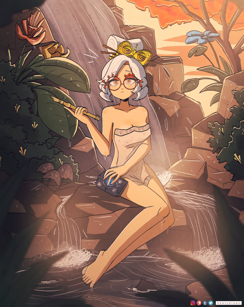 1girl absurdres bare_arms bare_legs bare_shoulders barefoot breasts collarbone double_bun eyeshadow eyewear_on_head glasses hair_bun hair_ornament hair_stick highres keetydraws makeup medium_breasts naked_towel no_bra no_panties onsen purah red-framed_eyewear red_eyes red_eyeshadow round_eyewear sheikah solo the_legend_of_zelda the_legend_of_zelda:_tears_of_the_kingdom towel water waterfall white_hair