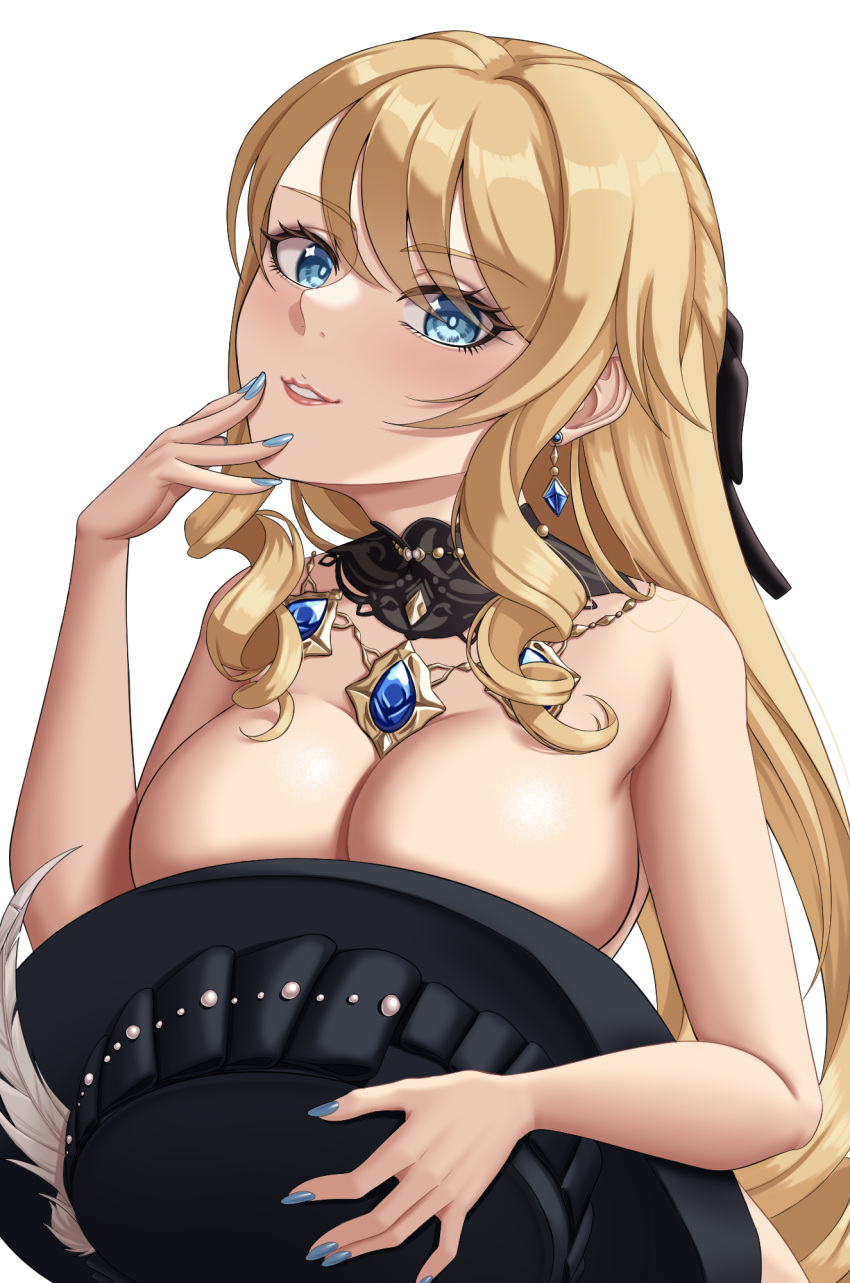 1girl black_collar black_headwear blonde_hair blue_eyes blue_nails breasts collar commentary drill_hair drill_sidelocks earrings genshin_impact grin hand_up hat hat_removed head_tilt headwear_removed highres holding holding_clothes holding_hat jewelry large_breasts long_hair looking_at_viewer nail_polish navia_(genshin_impact) necklace nude oeffe_(oeffe_blank) parted_lips pink_lips sidelocks simple_background smile solo upper_body very_long_hair white_background