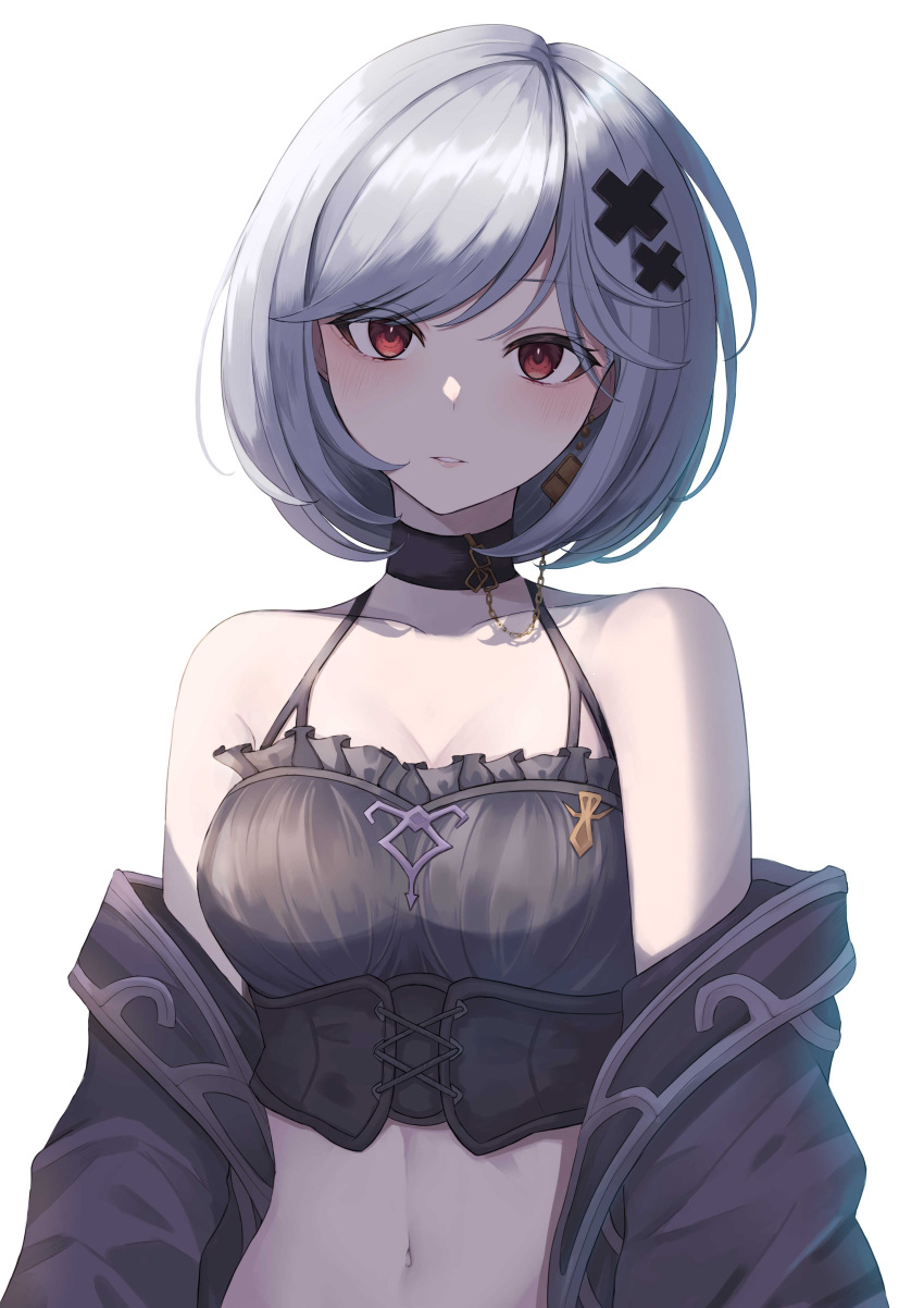 1girl absurdres alter_ego_malevolent_(granblue_fantasy) bare_shoulders black_camisole black_choker black_jacket blush breasts camisole chain choker cleavage collarbone commentary crop_top djeeta_(granblue_fantasy) earrings gold_chain granblue_fantasy grey_hair hair_ornament highres jacket jewelry looking_at_viewer navel niccoriii off_shoulder parted_lips red_eyes short_hair simple_background solo stomach white_background x_hair_ornament