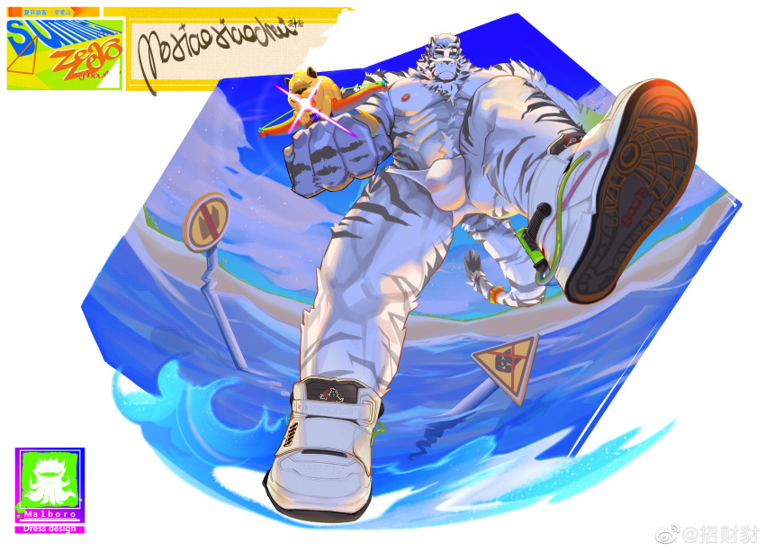 1boy absurdres alternate_costume alternate_weapon animal_ears arknights bara blue_eyes covered_penis crossbow feet fisheye foot_focus from_below full_body furry furry_male highres holding holding_crossbow holding_weapon incoming_attack landing large_hands large_pectorals looking_at_viewer male_focus male_swimwear modachai_(weibo5622674859) mountain_(arknights) muscular muscular_male pectorals perspective scar scar_across_eye shoes short_hair sneakers solo swim_briefs swim_trunks tail thick_eyebrows thick_thighs thighs tiger_boy tiger_ears tiger_tail topless_male weapon white_fur white_hair