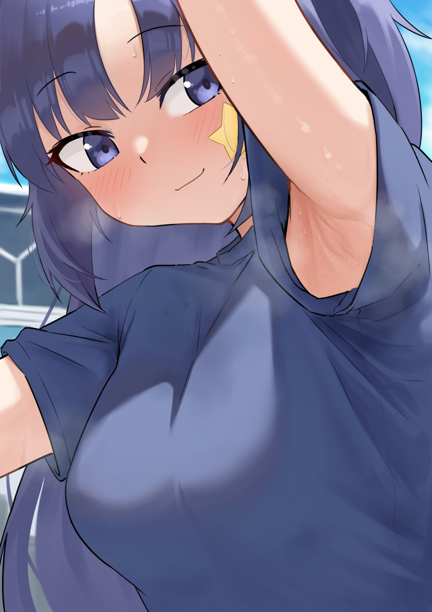 1girl absurdres arm_up armpit_peek armpits blue_archive blue_eyes blue_shirt blush close-up closed_mouth commentary gym_shirt highres long_hair looking_at_viewer m_kong official_alternate_costume purple_hair shirt short_sleeves smile solo star_sticker sticker_on_face sweat upper_body yuuka_(blue_archive) yuuka_(track)_(blue_archive)