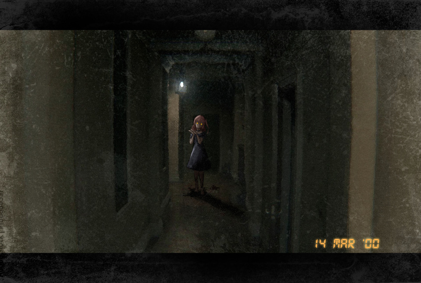 1girl blood blue_dress bocchi_the_rock! dark denazgor dress film_grain glowing glowing_eyes hallway highres horror_(theme) kita_ikuyo letterboxed palms_together parody red_hair side_ponytail silent_hill_(series) silent_hills solo standing yellow_eyes