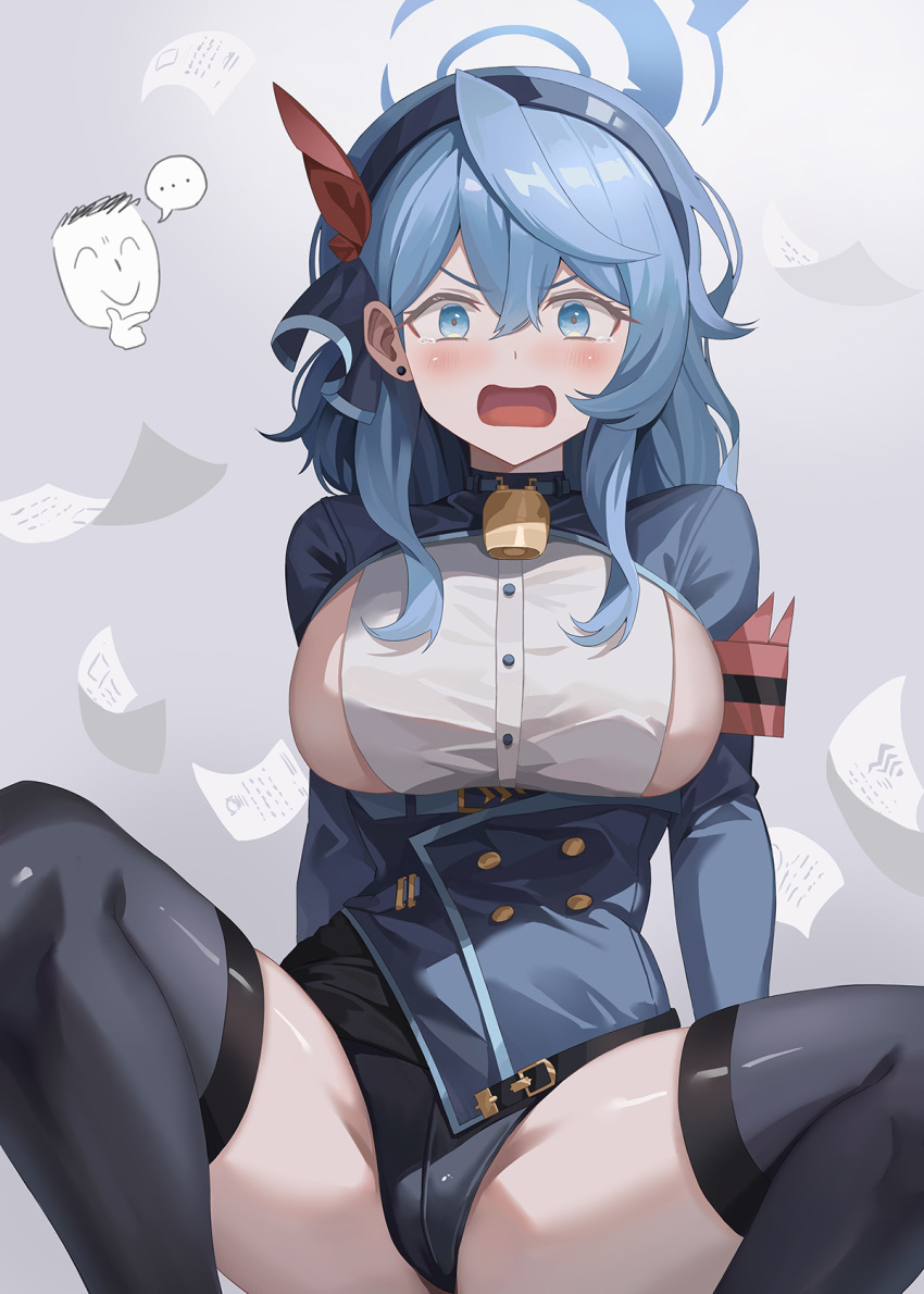 1boy 1girl ako_(blue_archive) armband arona's_sensei_doodle_(blue_archive) bell black_thighhighs blue_archive blue_eyes blue_hair blue_hairband blue_halo blush breasts buttons feet_out_of_frame hair_between_eyes hairband halo highres jiang_shennong large_breasts long_hair long_sleeves neck_bell open_mouth red_armband sensei_(blue_archive) sideboob thighhighs