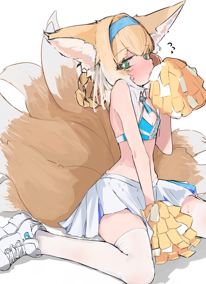 1girl absurdres animal_ears arknights bare_shoulders blonde_hair blue_archive blue_hairband blush breasts bright_pupils cheerleader cleavage cosplay crop_top flying_sweatdrops fox_ears fox_girl fox_tail green_eyes hairband highres holding long_hair looking_at_viewer midriff millennium_cheerleader_outfit_(blue_archive) miniskirt multicolored_hair multiple_tails nose_blush nyashiro_(sgylk) pom_pom_(cheerleading) shoes simple_background sitting skirt small_breasts sneakers solo suzuran_(arknights) tail thighhighs two-tone_hair white_background white_footwear white_hair white_thighhighs zettai_ryouiki
