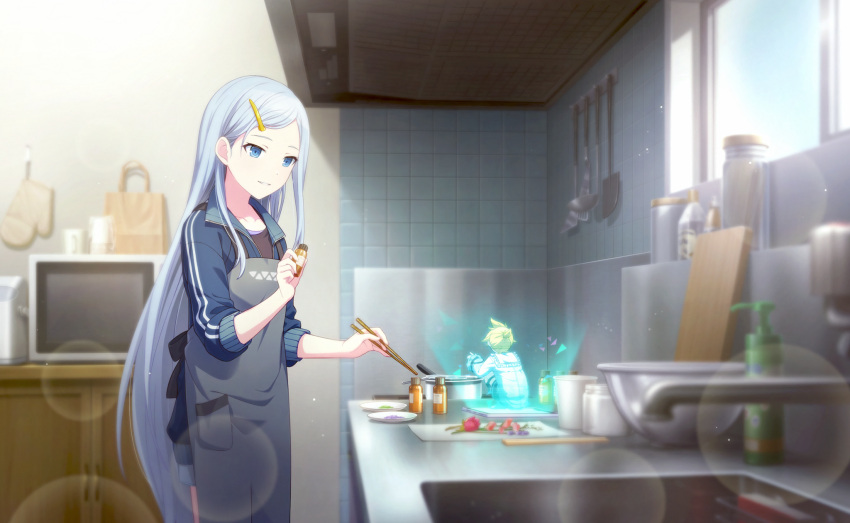 1boy 1girl 25-ji_len 25-ji_nightcord_de._(project_sekai) apron bag black_shirt blonde_hair blue_eyes blue_jacket bottle bowl candle_no_kaori_wa_omoide_to_tomo_ni_(project_sekai) cellphone chopsticks closed_mouth colorful_palette cooking cupboard double_vertical_stripe faucet grey_apron hair_ornament hairclip highres holding holding_bottle holding_chopsticks hologram indoors jacket kagamine_len kitchen kitchen_hood ladle long_hair long_sleeves microwave official_art oven_mitts phone plate pocket project_sekai shirt shopping_bag sidelocks sink smartphone smile soap soap_bottle spatula tasting_plate third-party_source track_jacket very_long_hair vocaloid window yoisaki_kanade