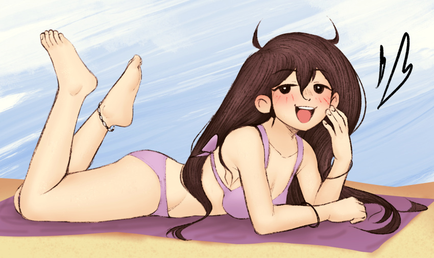 1girl anklet barefoot beach beach_towel bikini black_eyes breasts brown_hair cabronpr collarbone feet feet_up full_body hair_between_eyes hand_up heart highres jewelry legs long_hair looking_at_viewer mari_(omori) medium_breasts omori outdoors purple_bikini smug soles solo swimsuit teeth thighs toenails toes towel upper_teeth_only