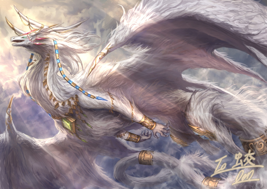 commission dragon dragon_claw dragon_horns dragon_tail dragon_wings fantasy flying gold_bracelet horns large_wings long_tail monster no_humans original skeb_commission tail torihasiden western_dragon white_fur wings