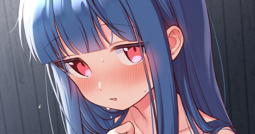 1girl bare_shoulders blue_hair blunt_bangs blush chiyosuke_(nosuke21) close-up cropped ear_blush idolmaster idolmaster_cinderella_girls long_hair looking_at_viewer nose_blush paid_reward_available parted_lips red_eyes sajo_yukimi solo sweat