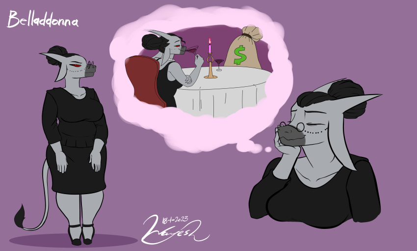 absurd_res alcohol anthro beverage black_hair bottomwear bovid caprine clothing container cup date demon drinking_glass eyewear fan_character female footwear glass glass_container glass_cup glasses goat grey_body grey_skin hair hair_bun hazbin_hotel helluva_boss hi_res high_heels imagine_spot jewelry mammal mature_female money money_bag necklace red_sclera skirt solo tail tail_tuft thought_bubble tuft wayesh wine wine_glass