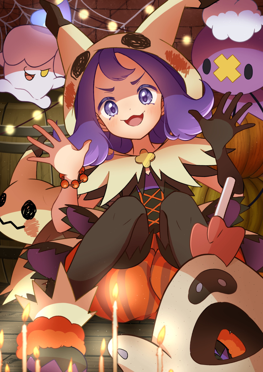 1girl :d absurdres acerola_(fall_2020)_(pokemon) acerola_(pokemon) bead_bracelet beads blush bracelet capelet commentary_request drifloon gloves halloween hands_up highres hood hood_up hooded_capelet jewelry litwick mimikyu official_alternate_costume open_mouth orange_bracelet orange_shorts pantyhose pokemon pokemon_(creature) pokemon_(game) pokemon_masters_ex purple_eyes purple_hair refisa sandygast shorts single_glove sitting smile striped striped_shorts tongue vertical-striped_shorts vertical_stripes yellow_capelet