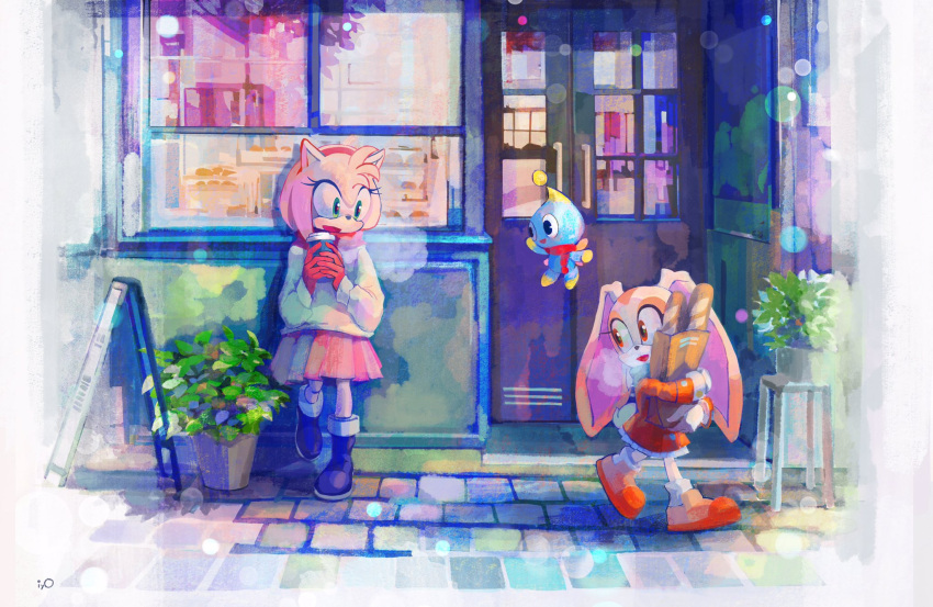 2girls alternate_costume amy_rose baguette bread carrying chao_(sonic) commentary cream_the_rabbit cup day english_commentary floating food gloves green_eyes highres holding holding_cup iyo_(1eavethebus) leaning_back multiple_girls outdoors rabbit red_eyes scarf winter winter_clothes