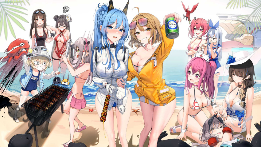 1girl 6+girls admire_(nikke) ahoge anchor_(nikke) angry anis_(nikke) anis_(sparkling_summer)_(nikke) bikini bikini_skirt bikini_under_clothes bird black_hair blonde_hair blue_eyes blue_flower blue_hair blue_jacket blue_one-piece_swimsuit blue_ribbon blue_rose blue_sailor_collar blue_skirt blurry blurry_background blurry_foreground bolt_(nikke) braid breasts brown_eyes can cleavage clothes_writing cloud collarbone cooking copyright_name covered_navel day eyepatch_bikini eyewear_on_head feet flower food frima_(nikke) frima_(sea_of_sloth)_(nikke) front-tie_bikini_top front-tie_top glasses gloves goddess_of_victory:_nikke green_eyes grey_hair grilling groin hair_between_eyes hair_brush hair_ornament hair_ribbon half-closed_eye hat hat_ornament helm_(aqua_marine)_(nikke) helm_(nikke) helmet high_ponytail highleg highleg_bikini highres holding holding_another's_wrist holding_can holding_food holding_hands jacket jewelry lap_pillow large_breasts laughing legs light_blue_hair light_brown_hair liter_(guardfish)_(nikke) liter_(nikke) long_hair long_sleeves looking_at_viewer lying mary_(bay_goddess)_(nikke) mary_(nikke) mask mask_removed mast_(a_pirate's_heart)_(nikke) mast_(nikke) medium_breasts morgan_(nikke) multicolored_hair multiple_girls navel neon_(blue_ocean)_(nikke) neon_(nikke) non-humanoid_robot ocean octopus off_shoulder official_alternate_costume official_art one-piece_swimsuit open_clothes open_jacket open_mouth outdoors palm_tree parted_lips pepper_(nikke) pepper_(ocean_vitamin)_(nikke) pink_eyes pink_hair pink_ribbon pink_skirt pleated_skirt pointing puffy_long_sleeves puffy_sleeves purple-tinted_eyewear rapi_(classic_vacation)_(nikke) rapi_(nikke) ribbon robot robot_animal robot_dog rose sailor_collar sand sandals school_swimsuit school_uniform see-through see-through_sleeves semi-rimless_eyewear serafuku short_hair short_twintails sitting skirt skull_choker skull_hair_ornament skull_print sky sleep_mask smile standing starfish streaked_hair sun_hat sunglasses swimsuit teeth thick_thighs thighhighs thighlet thighs throwing tinted_eyewear toenails toes tree twintails water wet wet_clothes white_bikini white_gloves white_headwear white_jacket white_thighhighs yan_(nikke) yan_(sunrise_market)_(nikke)