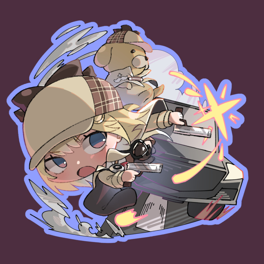 1girl blonde_hair blue_eyes brown_capelet brown_coat brown_headwear bubba_(watson_amelia) capelet car chibi coat collar collared_shirt deerstalker gun hat highres holding holding_weapon hololive hololive_english kouhiipan motor_vehicle necktie open_clothes open_mouth plaid red_necktie shirt short_hair short_necktie simple_background stethoscope tongue virtual_youtuber watson_amelia watson_amelia_(1st_costume) weapon white_shirt
