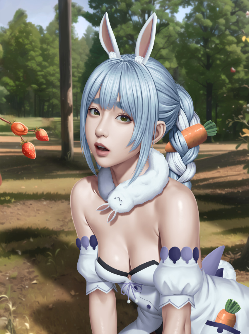 1girl absurdres animal_ear_fluff animal_ears bare_shoulders black_leotard blue_hair blue_sky braid breasts caramel_buding carrot carrot_hair_ornament carrot_in_pocket cleavage commentary detached_sleeves don-chan_(usada_pekora) foliage food food-themed_hair_ornament forest fruit fur_scarf grass green_eyes hair_between_eyes hair_ornament hands_on_ground hands_on_own_knees highres hikimayu hololive kneeling leaning_forward leotard lips long_hair medium_breasts multicolored_hair nature nose outdoors parted_lips pink_lips puffy_short_sleeves puffy_sleeves rabbit_ears rabbit_girl rabbit_tail realistic romaji_commentary shadow short_eyebrows short_sleeves sidelocks sky solo strapless strapless_coat strapless_leotard strawberry tail teeth thick_eyebrows twin_braids two-tone_hair upper_teeth_only usada_pekora usada_pekora_(1st_costume) virtual_youtuber white_fur white_hair white_sleeves