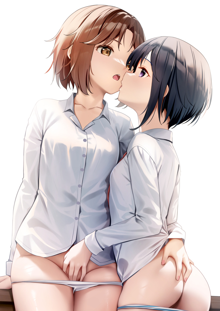 2girls black_hair breasts brown_eyes brown_hair collarbone collared_shirt commentary_request commission dress_shirt fingering groin hair_between_eyes hand_on_another's_ass highres multiple_girls open_mouth panties panty_pull parted_bangs pixiv_commission profile purple_eyes school_girl_strikers shirt simple_background small_breasts sumihara_satoka takamine_ako underwear white_background white_panties white_shirt yan_(nicknikg)